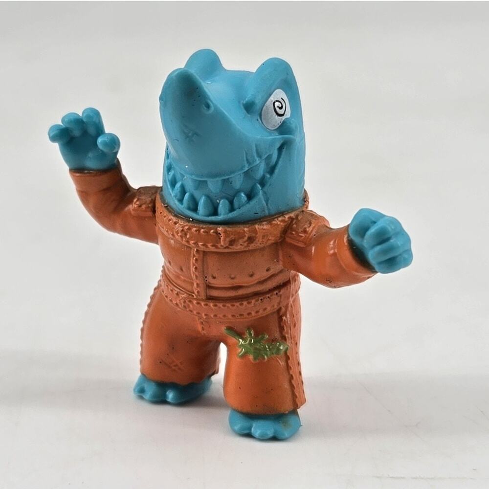 Vintage 90s Blue Monster Mini Shark Figure Brown Jumpsuit Plastic Toy
